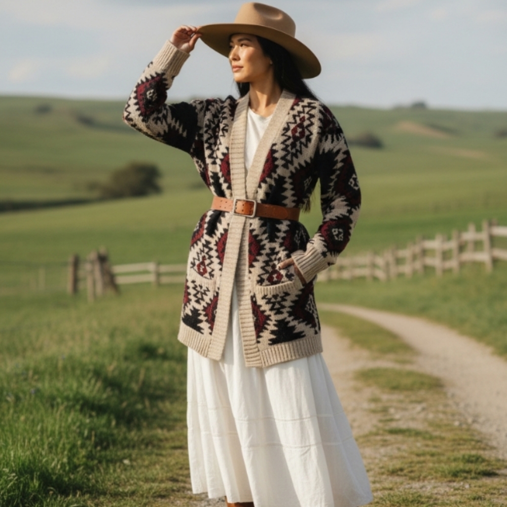 Geometric Western Style Chunky Sweater Open Front Style